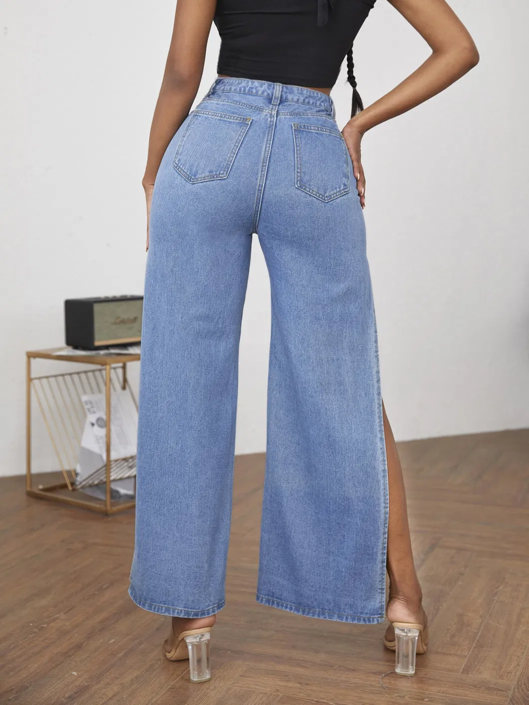 Middle Blue Color Wide Leg High Split on Both Side with Scratch on Front High Wasited Women New Fashion Design Denim Jeans