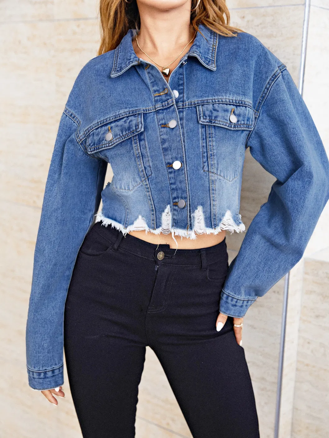 Women Long Sleeve MID Blue Raw Edge Bottom Hem with Scratch Holes Denim Jeans New Fashion Designhigh Quality Jackets