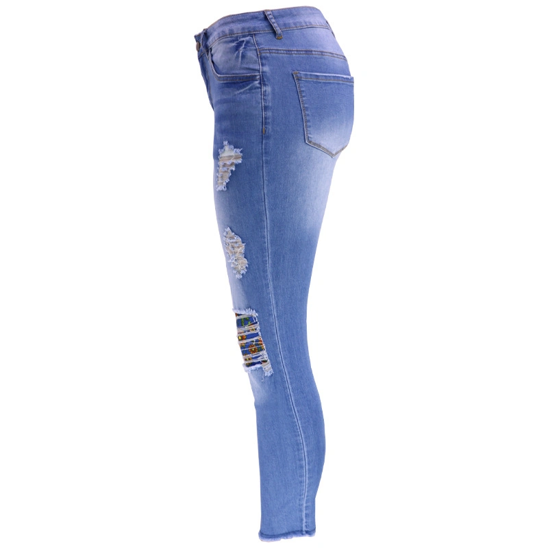 Womens Ripped Denim with Low-Rise Pasting Cloth Curls Comfy Jeans