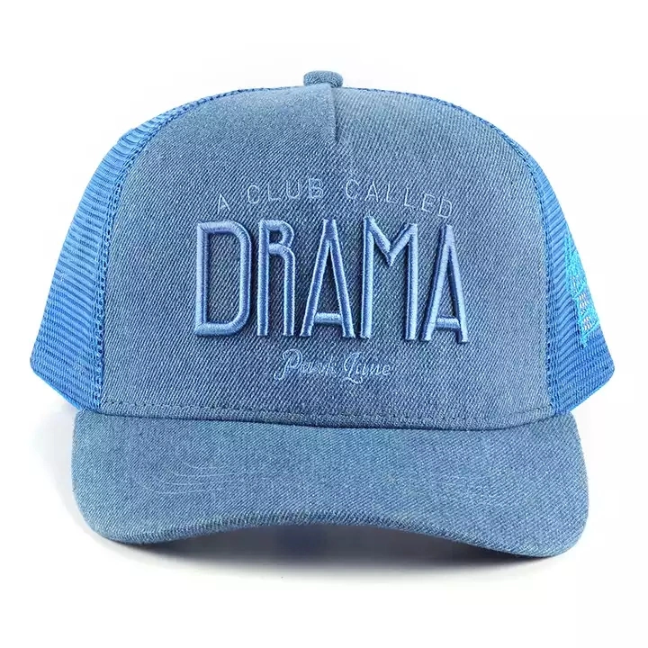 Custom Design Quality 5 Panels Promotion Denim Trucker Cap Denim Fabric Trucker Hat Wholesale Blue Character 3D Embroidery Trucker Hats