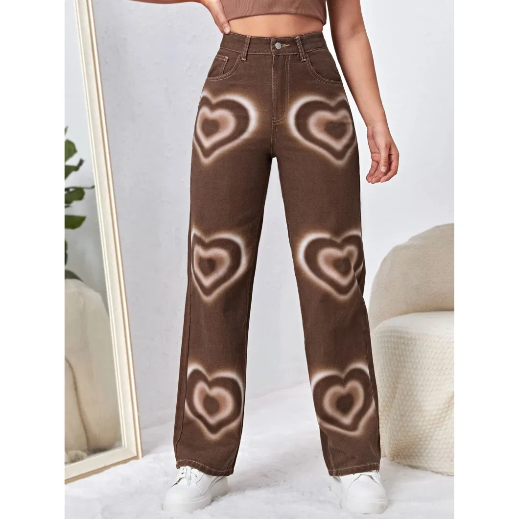 Women&prime;s Denim Pants Brown Love Printed High Waist Wide Leg Denim Pants