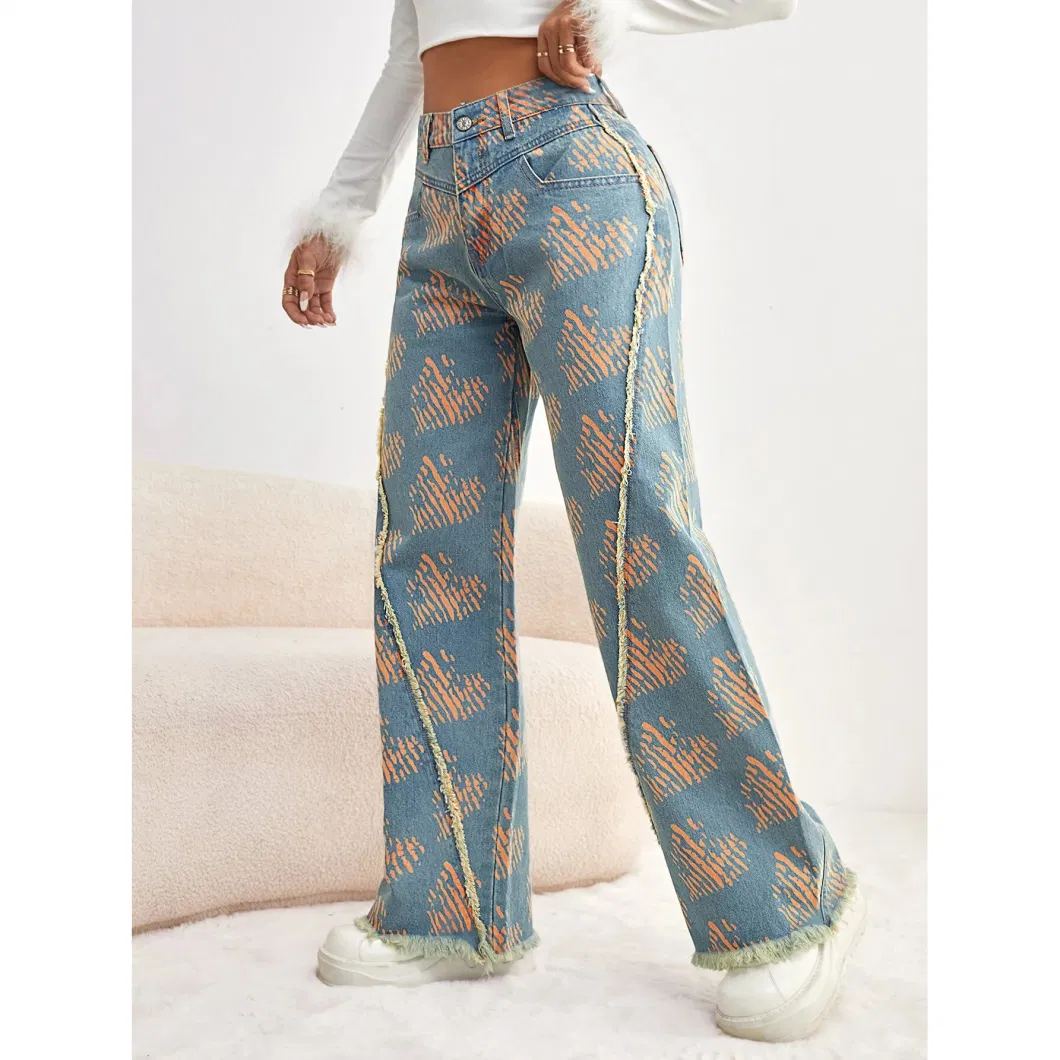 Jeans Women Baggy Denim Jeans Women&prime;s Pants Blue High Waist Wide Leg Denim Trousers Printed Trendy Denim Jeans