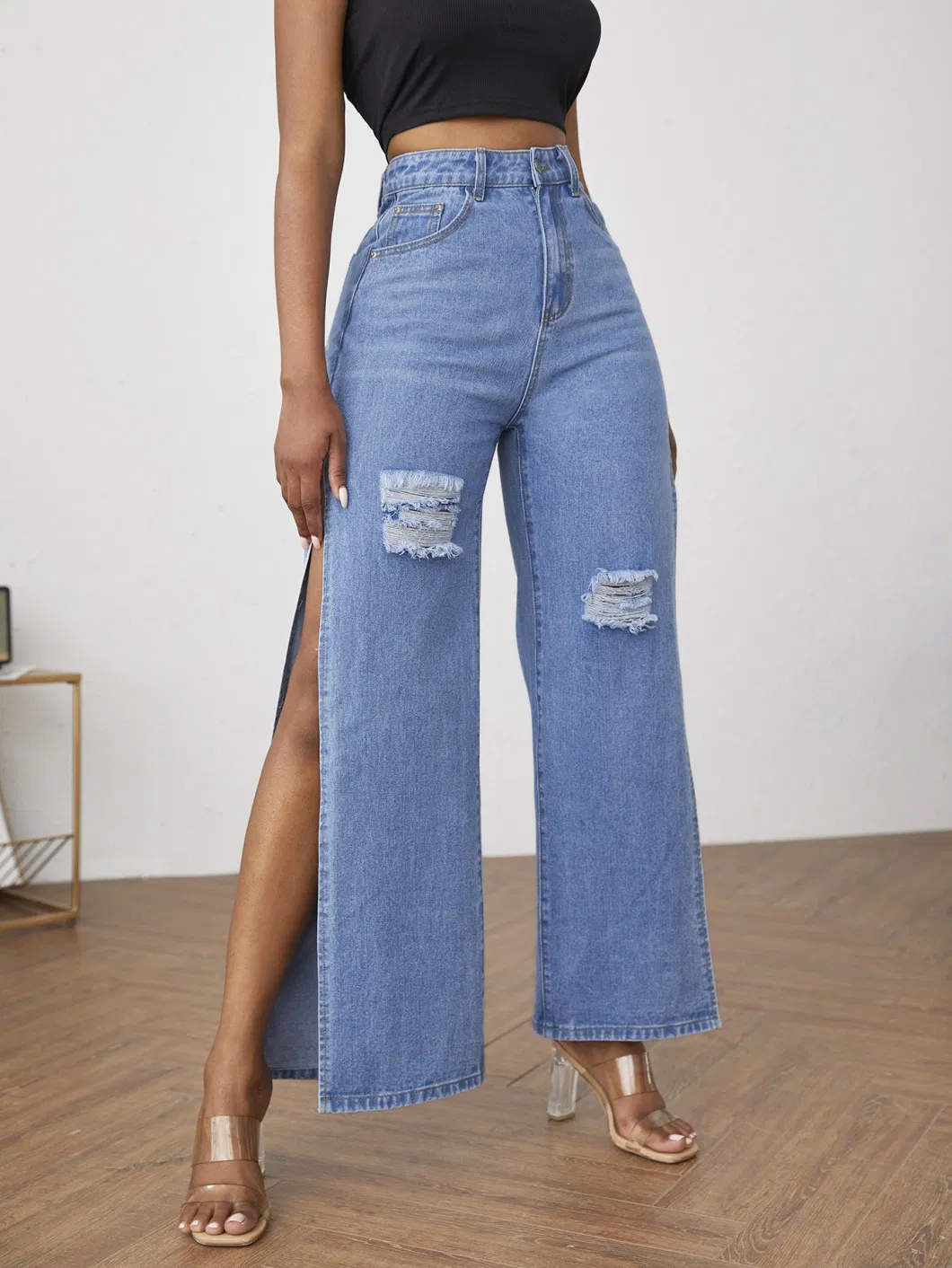 Middle Blue Color Wide Leg High Split on Both Side with Scratch on Front High Wasited Women New Fashion Design Denim Jeans